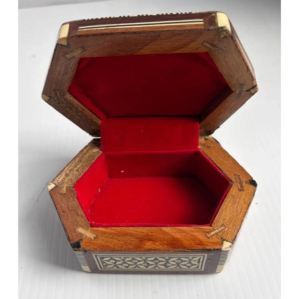 Vintage Egyptian Handmade Wood Jewelry Box Hexagon Mother of Pearl Inlay Mosaic